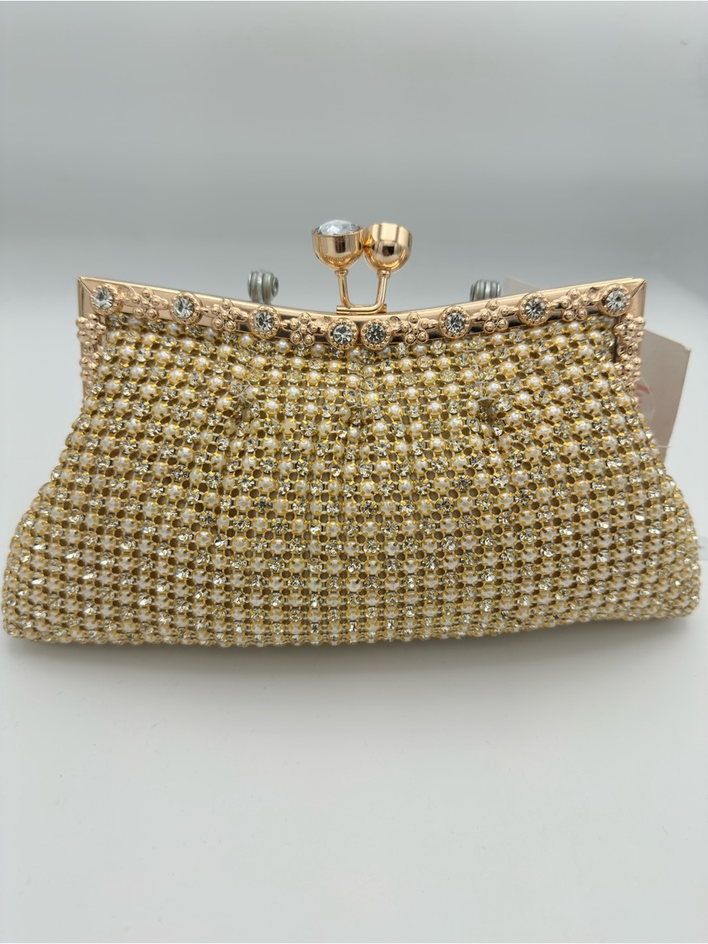 Gold Crystal Mesh Evening Wristlet Clutch